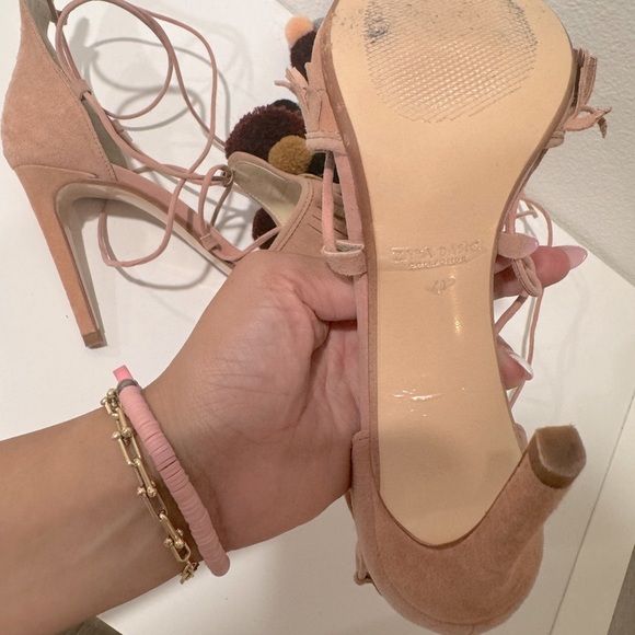 ZARA Suede Leather High Heel Lace Up Sandals With Pompoms - Picture 6 of 6